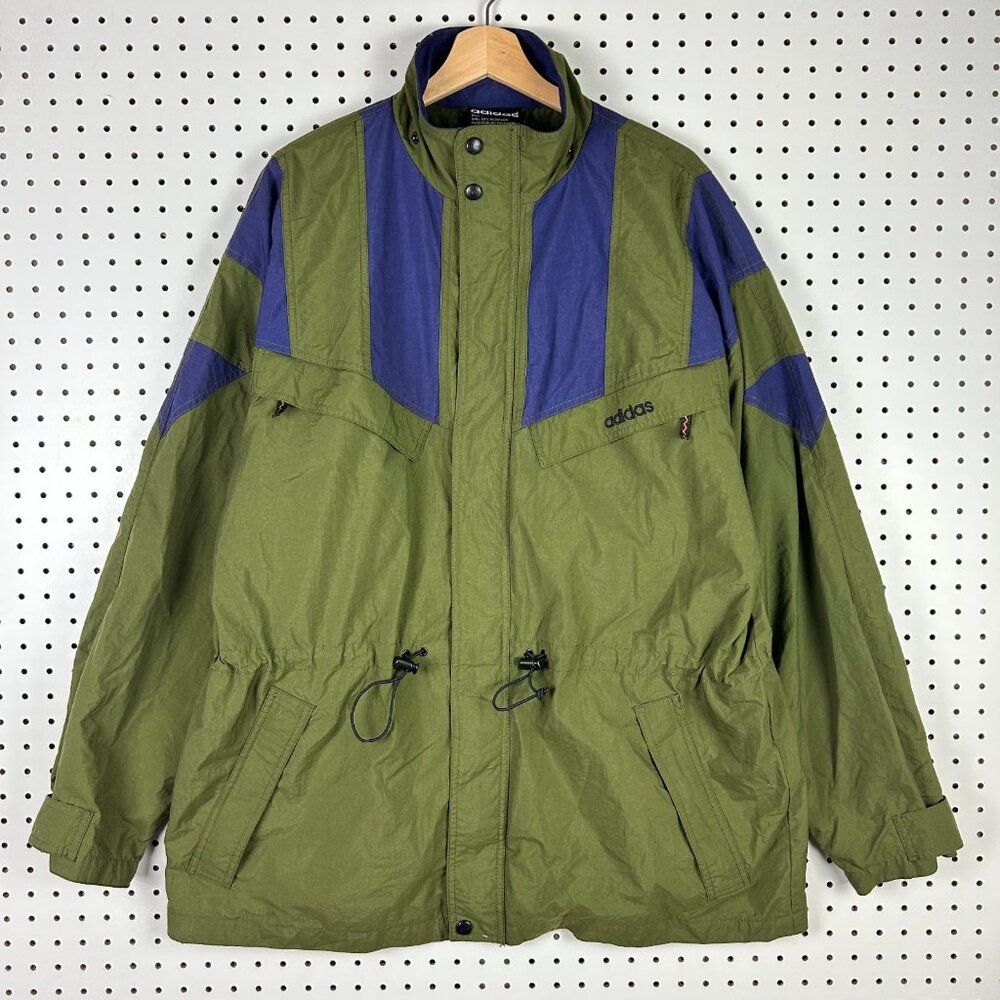 Adidas Vintage Windbreaker Jacket XL Full Zip Ripcord Green Purple 90s Camping - Picture 1 of 8